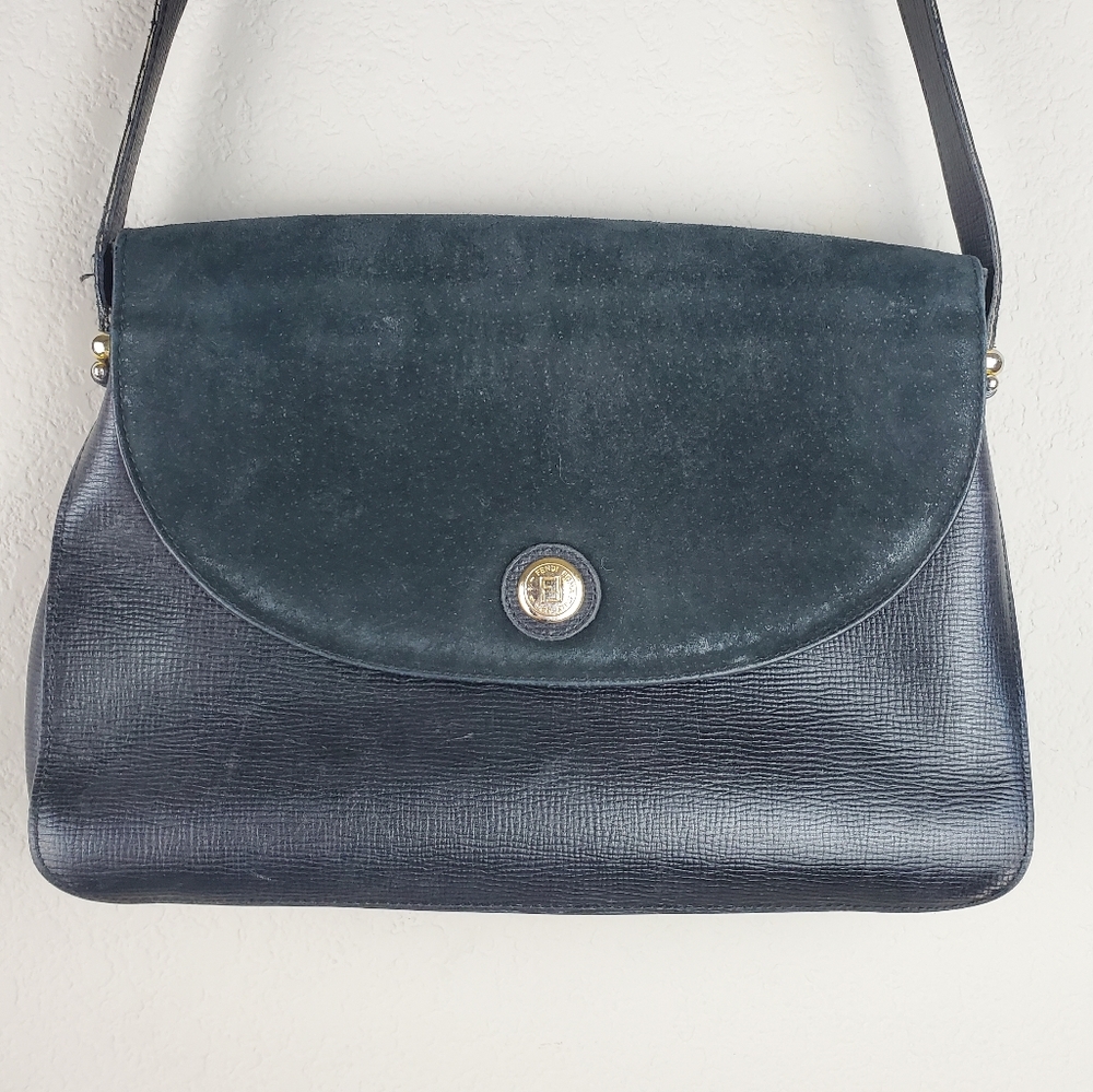 Authentic Vintage Fendi Black Leather Shoulder Bag Suede Flap Gold Medallion - Picture 2 of 14